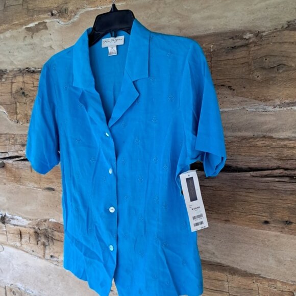 Kim Rogers Turquoise Short Sleeved Silk & Cotton Embroidered Blouse Size Medium - Picture 4 of 8